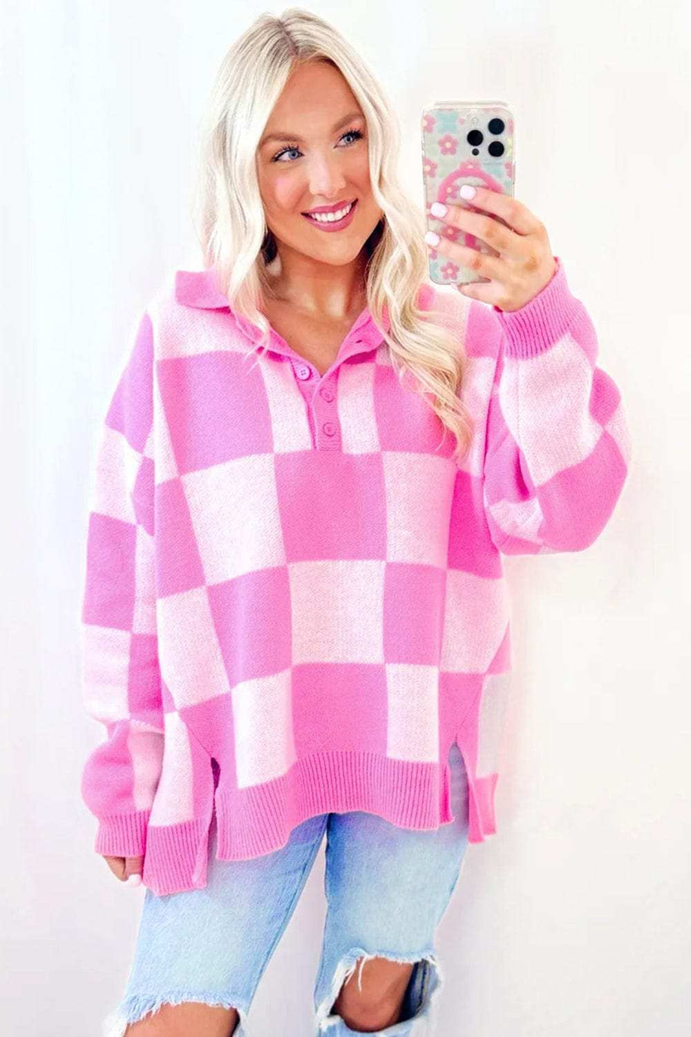 Slit Checkered Half Button Long Sleeve Sweater - Trendsi - Flyclothing LLC