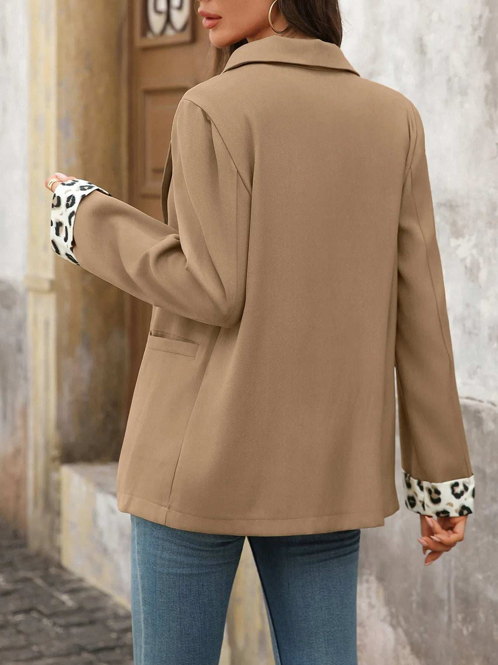 Lapel Collar Leopard Cuff Long Sleeve Blazer - Trendsi - Flyclothing LLC