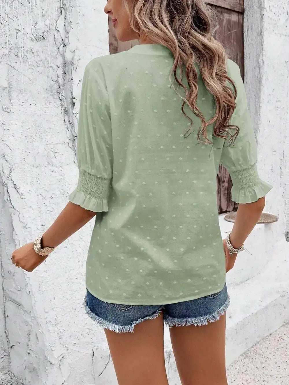 Eyelet Notched Flounce Sleeve Blouse - Trendsi - Flyclothing LLC