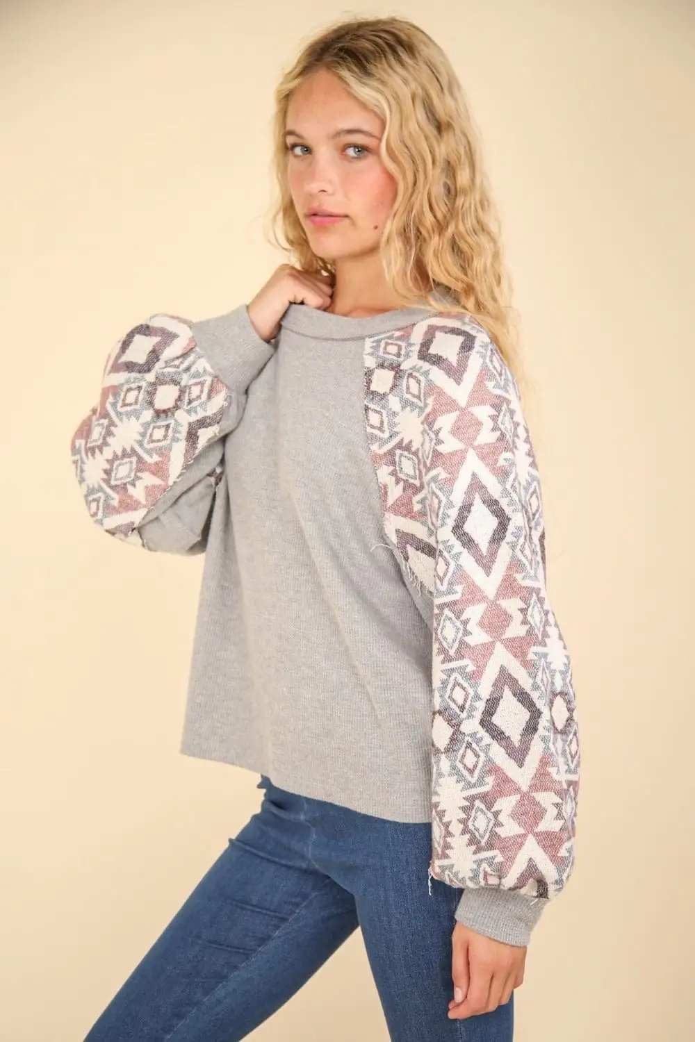 VERY J Printed Long Sleeve Round Neck Knit Top - Trendsi - Flyclothing LLC