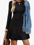 Ribbed Knit Long Sleeve A-Line Dress - Trendsi - Flyclothing LLC