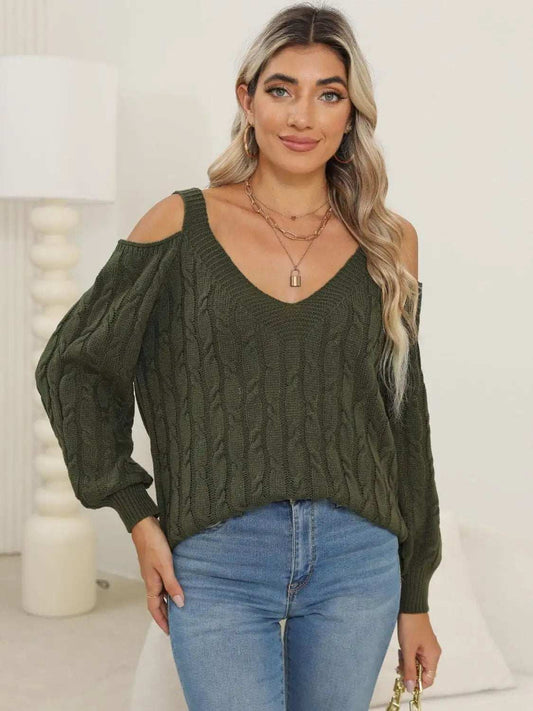Cable-Knit V-Neck Long Sleeve Sweater - Trendsi - Flyclothing LLC