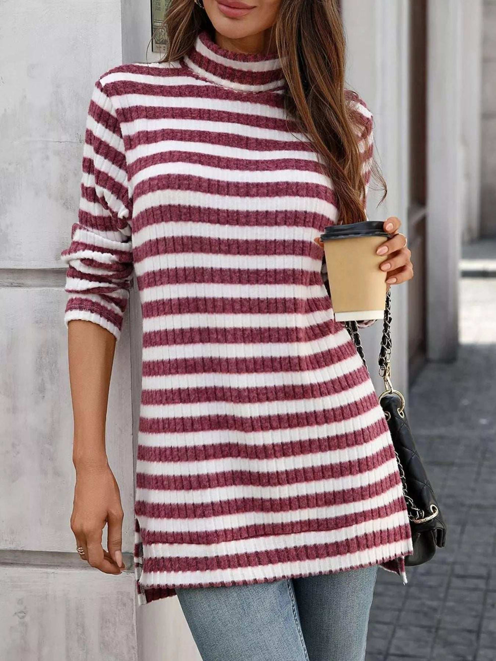 Striped Turtleneck Long Sleeve Knit Top - Trendsi - Flyclothing LLC