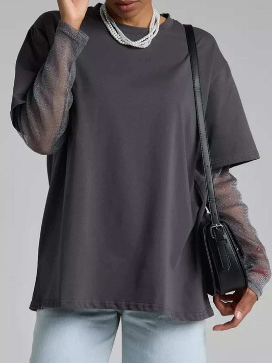 Faux Layered Round Neck Mesh Sleeve Top - Trendsi - Flyclothing LLC
