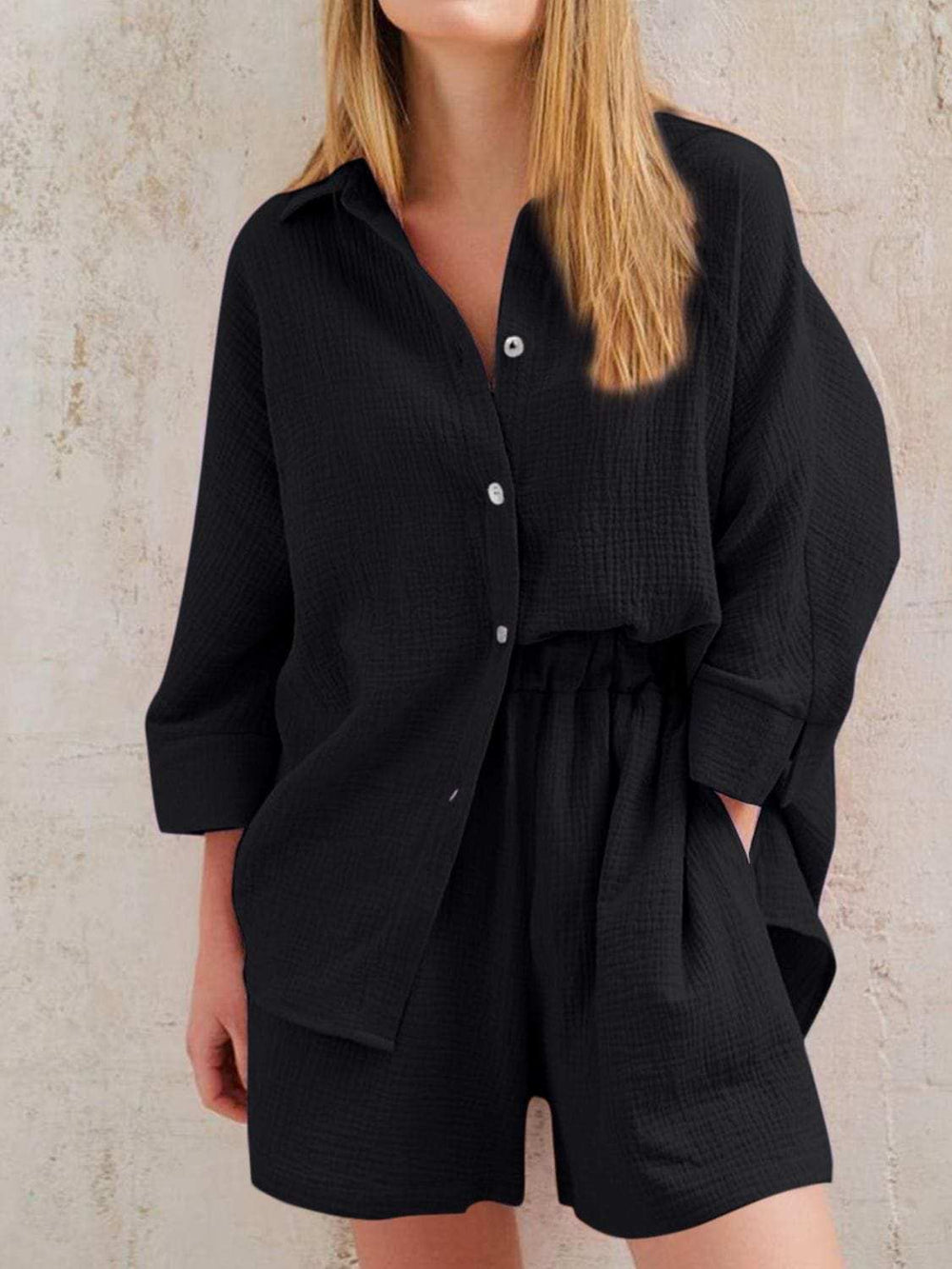 Texture Button Up Shirt and Shorts Set - Trendsi - Flyclothing LLC