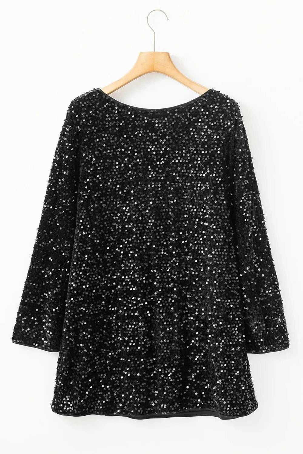 Sequin Round Neck Long Sleeve Mini Dress - Trendsi - Flyclothing LLC