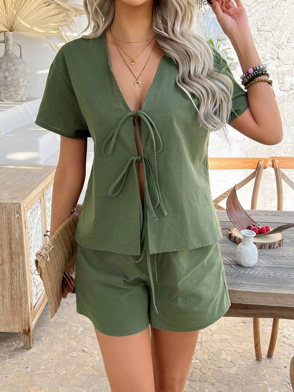 Devine Tied V-Neck Short Sleeve Top and Shorts Set - Trendsi - Flyclothing LLC