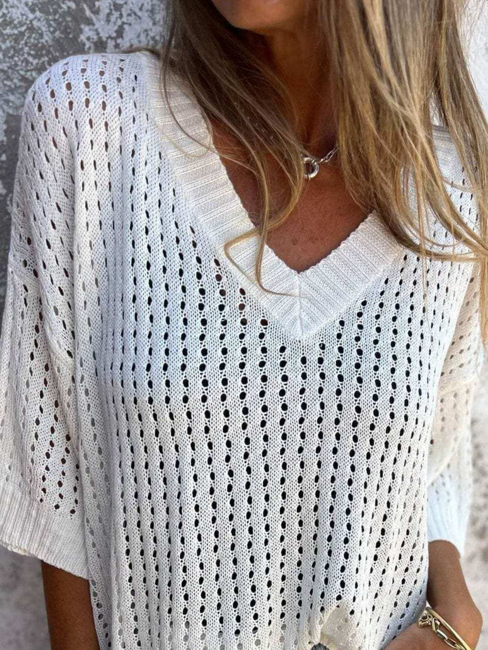 Full Size Openwork V-Neck Knit Cover Up Plus Size - Trendsi - Flyclothing LLC