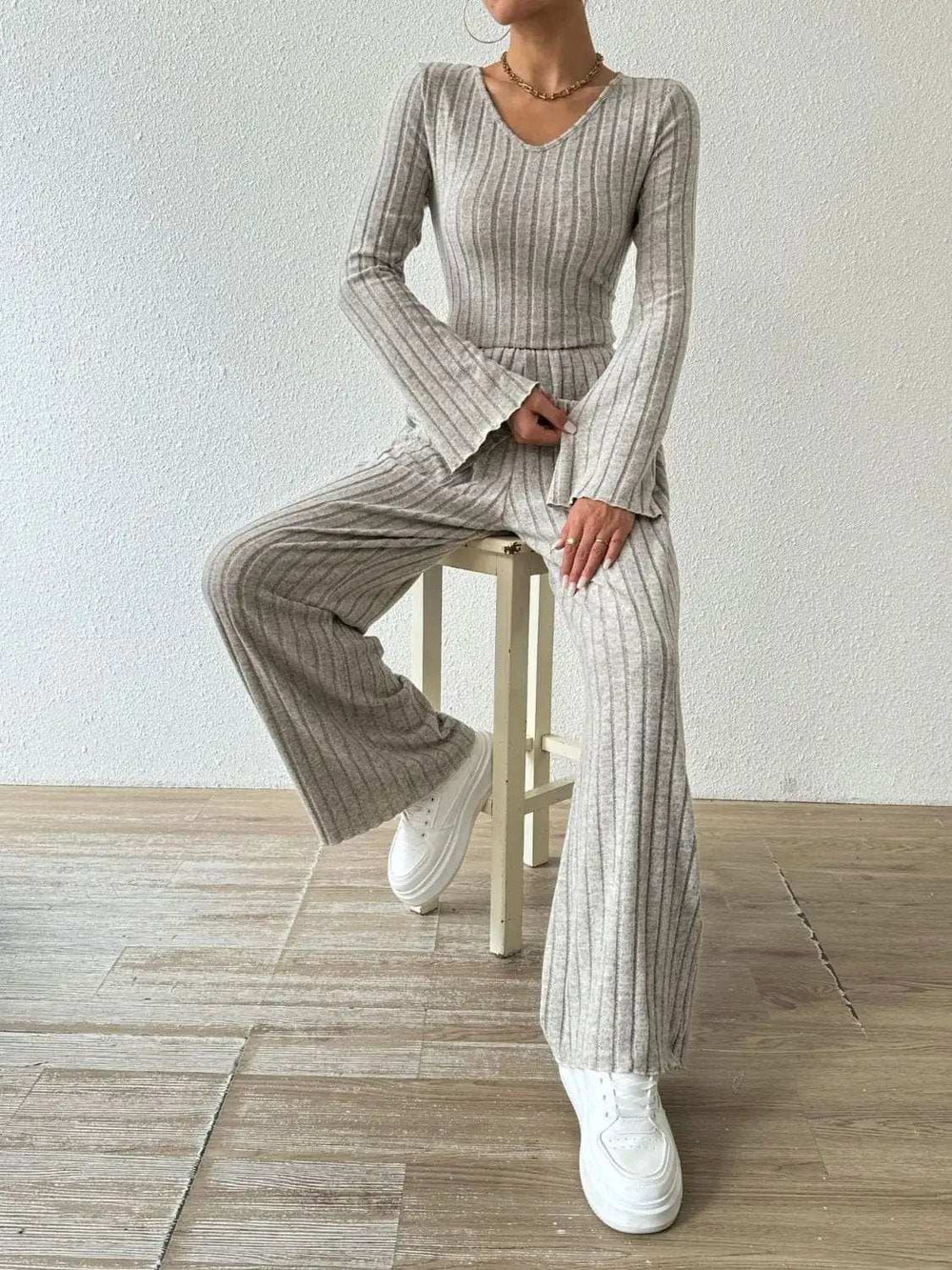 Ribbed V-Neck Long Sleeve Top and Pocketed Pants Set - Trendsi - Flyclothing LLC