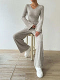 Ribbed V-Neck Long Sleeve Top and Pocketed Pants Set - Trendsi - Flyclothing LLC