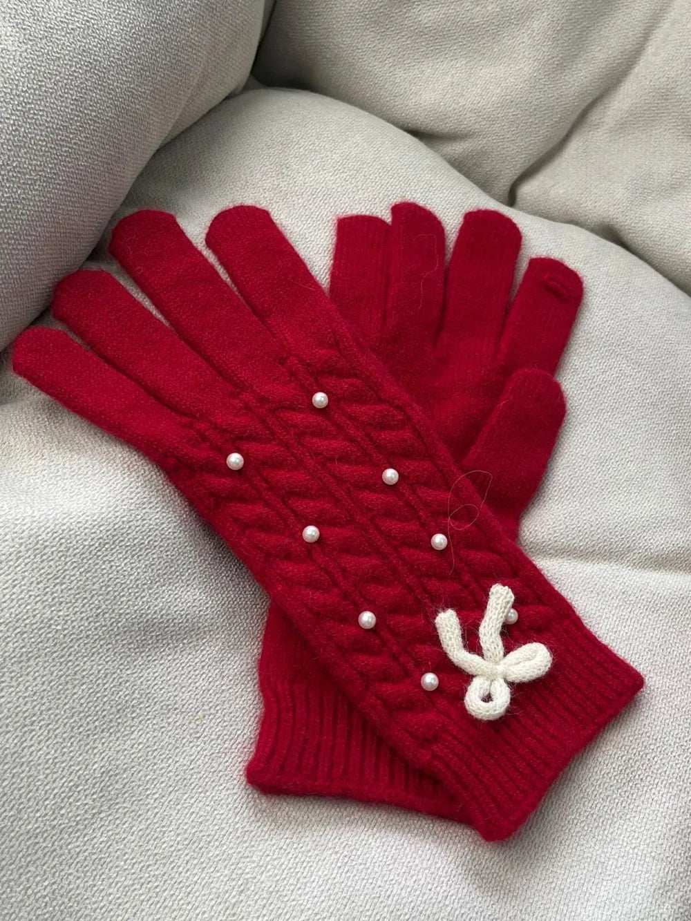 Thermal Pearl Detail Bow Five-Finger Gloves - Trendsi - Flyclothing LLC