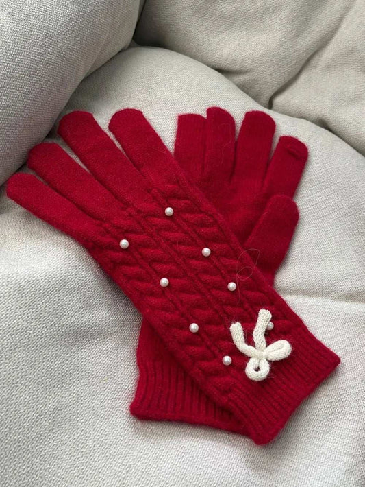 Thermal Pearl Detail Bow Five-Finger Gloves - Trendsi - Flyclothing LLC