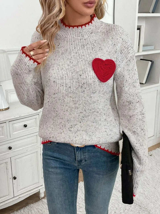 Perfee Contrast Heart Round Neck Long Sleeve Sweater - Trendsi - Flyclothing LLC
