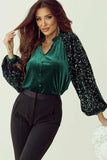 Sequin Notched Long Sleeve Blouse - Trendsi - Flyclothing LLC