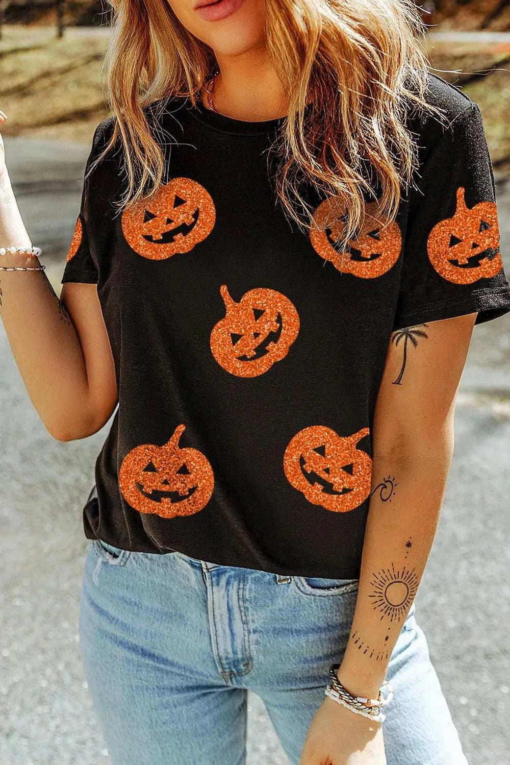 Full Size Glitter Jack-O'-Lantern Round Neck Short Sleeve T-Shirt - Trendsi - Flyclothing LLC