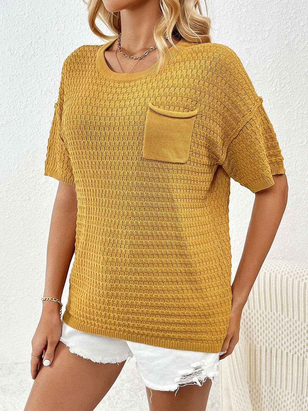Round Neck Half Sleeve Knit Top - Trendsi - Flyclothing LLC