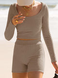 Scoop Neck Long Sleeve Top and Shorts Set - Trendsi - Flyclothing LLC
