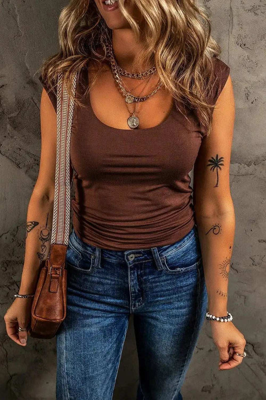 Round Neck Slim Cap Sleeve Top - Trendsi - Flyclothing LLC