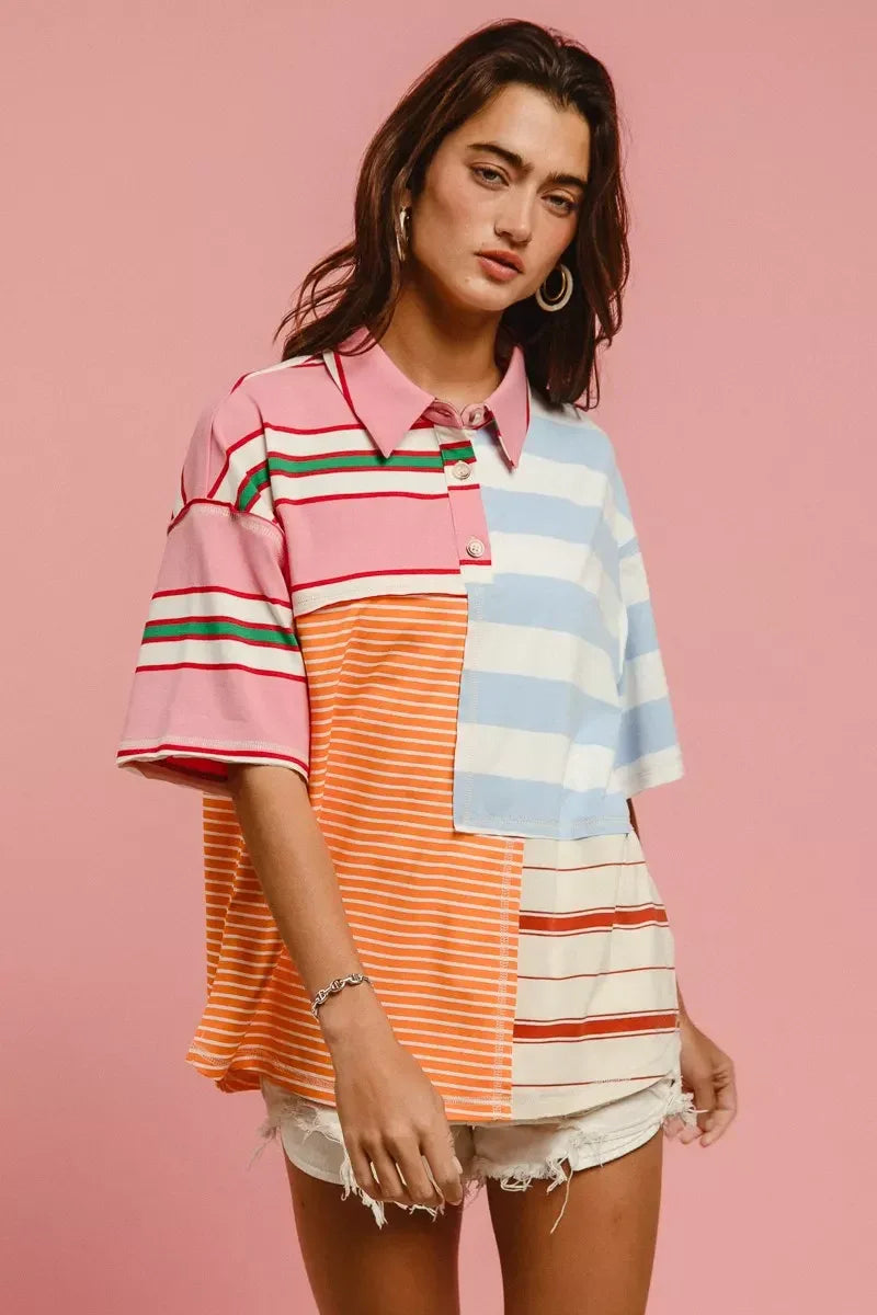 BiBi Mix And Match Stripe Color Block Shirt - Trendsi - Flyclothing LLC