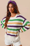SO ME Mardi Gras Color Stripe Round Neck Sweater Top - Trendsi - Flyclothing LLC