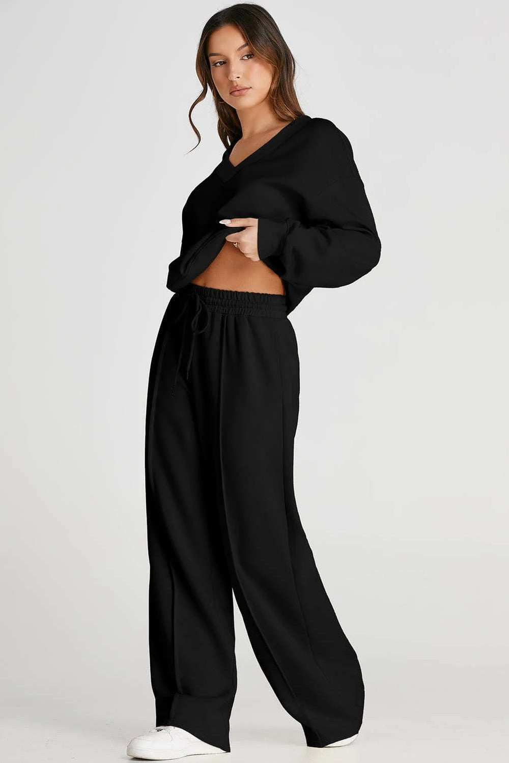 V-Neck Long Sleeve Top and Pants Active Set - Trendsi - Flyclothing LLC
