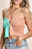 BiBi Woven Color Block Smocked with Ribbon Bra Top - Trendsi - Flyclothing LLC