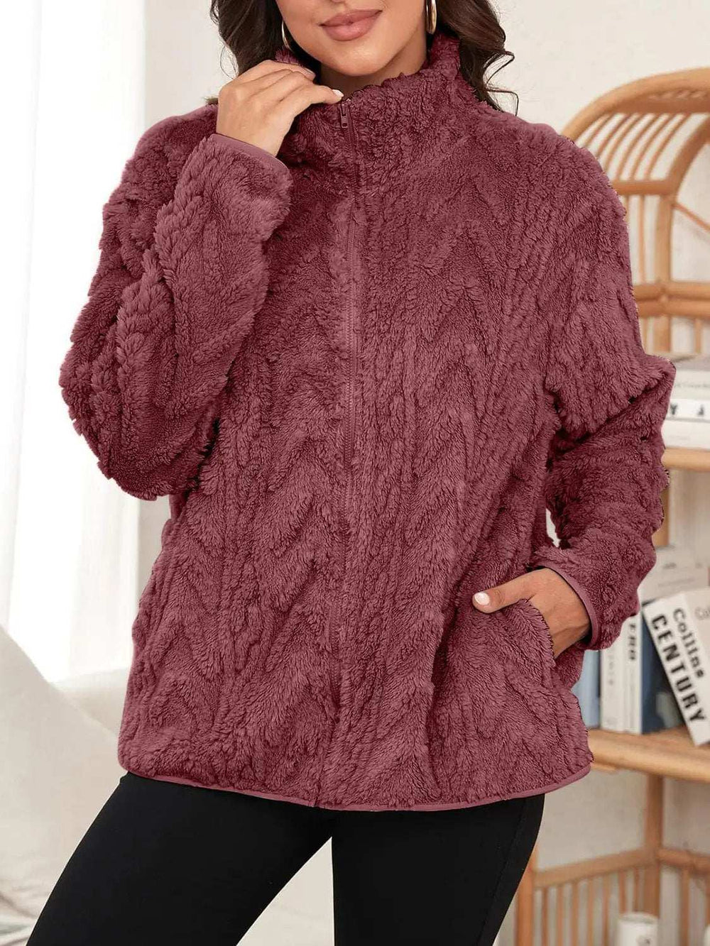 Fuzzy Zip Up Long Sleeve Jacket - Trendsi - Flyclothing LLC