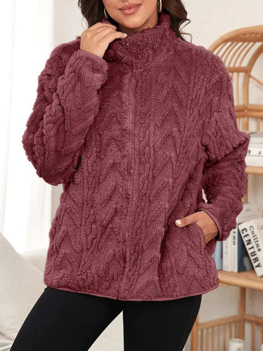 Fuzzy Zip Up Long Sleeve Jacket - Trendsi - Flyclothing LLC