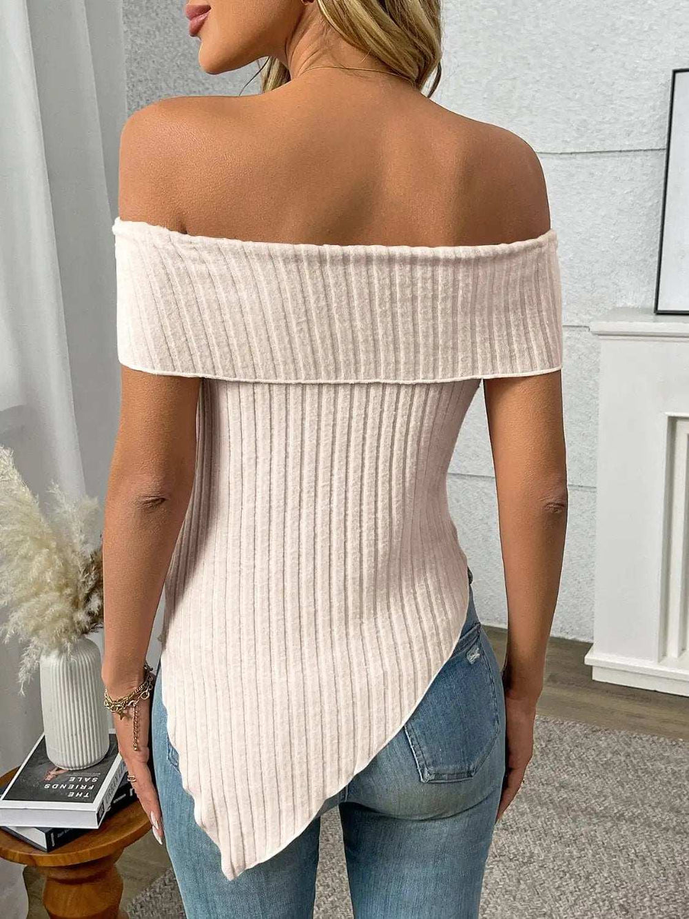Ribbed Off-Shoulder Asymmetrical Hem T-Shirt - Trendsi - Flyclothing LLC