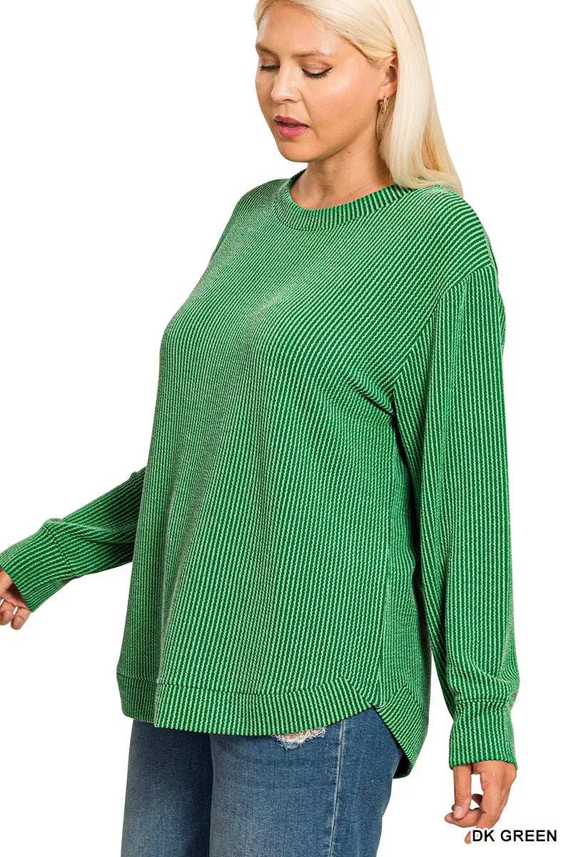 Zenana Full Size Raised Rib Round Neck Long Sleeve Top Plus Size - Trendsi - Flyclothing LLC
