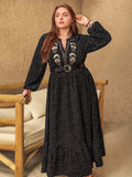Plus Size Embroidered Polka Dot Notched Long Sleeve Dress - Trendsi - Flyclothing LLC
