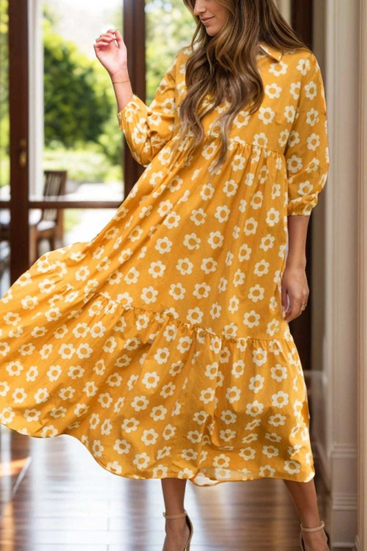 Floral Collared Neck Three-Quarter Sleeve Dress - Trendsi - Flyclothing LLC
