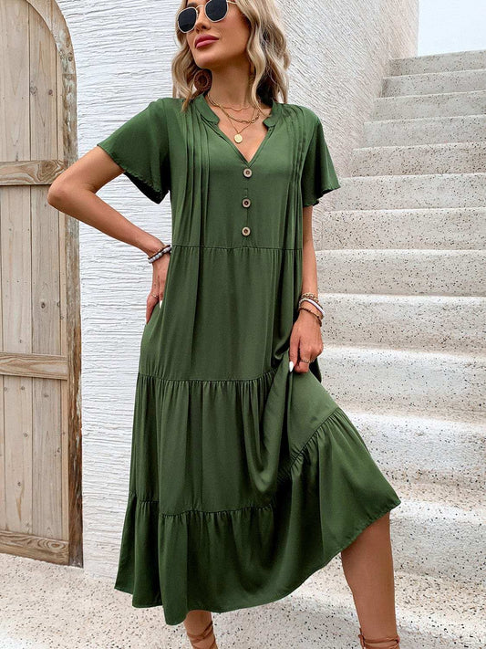 Tiered Notched Short Sleeve Midi Dress - Trendsi - Flyclothing LLC
