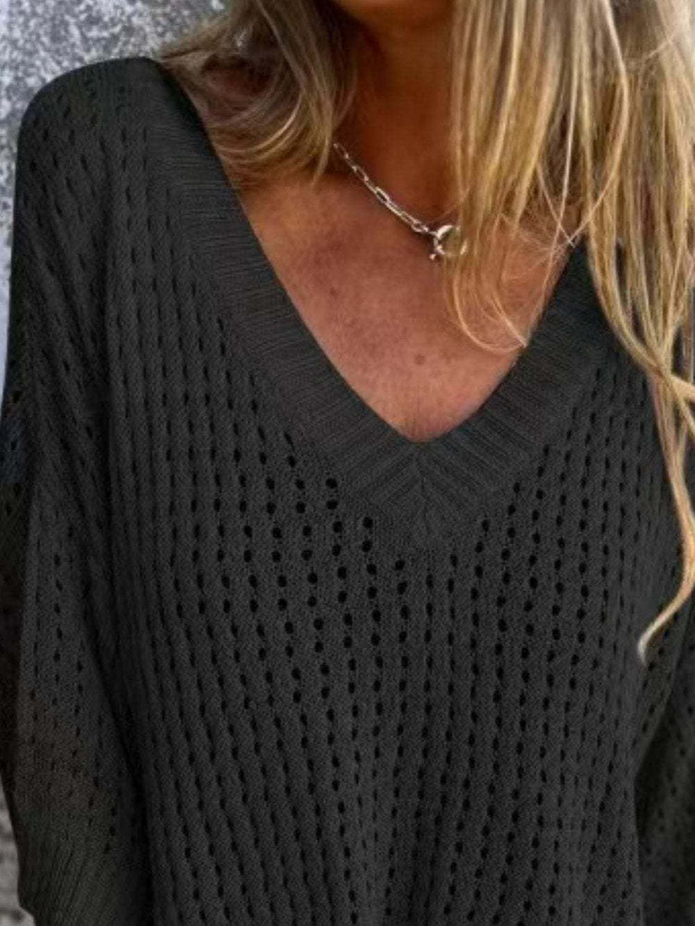 Full Size Openwork V-Neck Knit Cover Up Plus Size - Trendsi - Flyclothing LLC