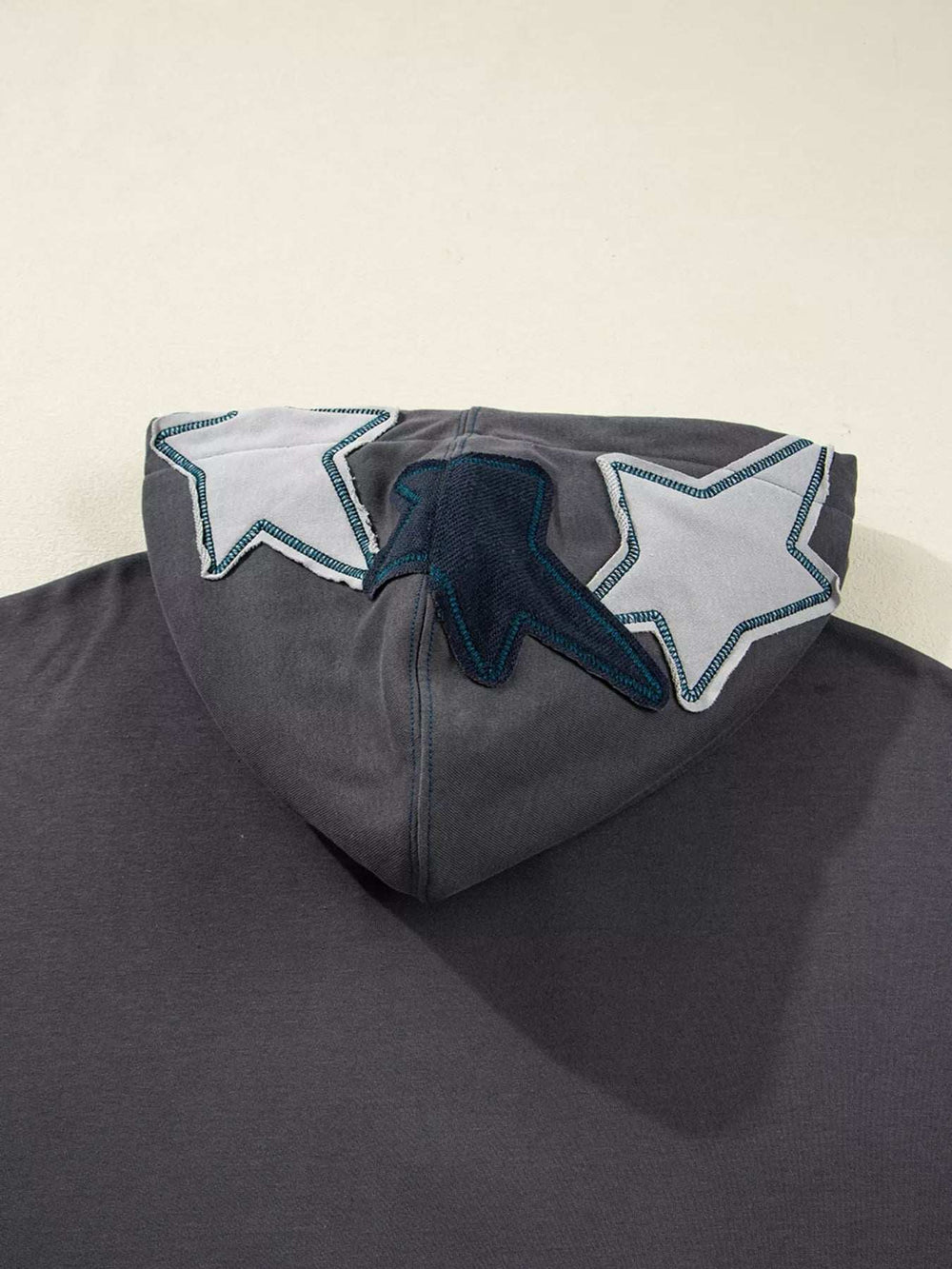 Star Patchwork Contrast Stitching Mineral Wash Kangaroo Pocket Hoodie - Trendsi - Flyclothing LLC