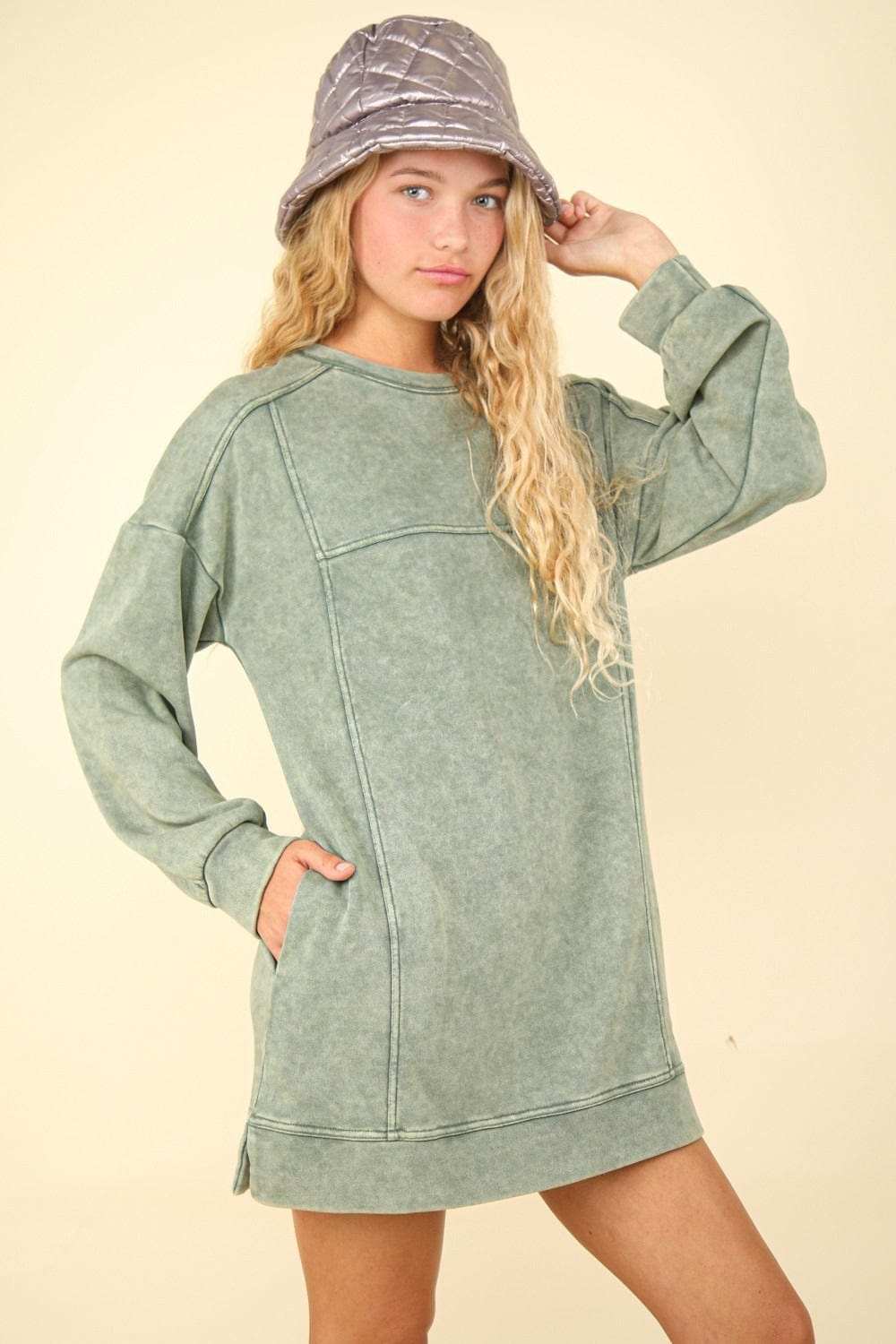 VERY J Mineral Washed Oversized Sweatshirt Mini Dress - Trendsi - Flyclothing LLC