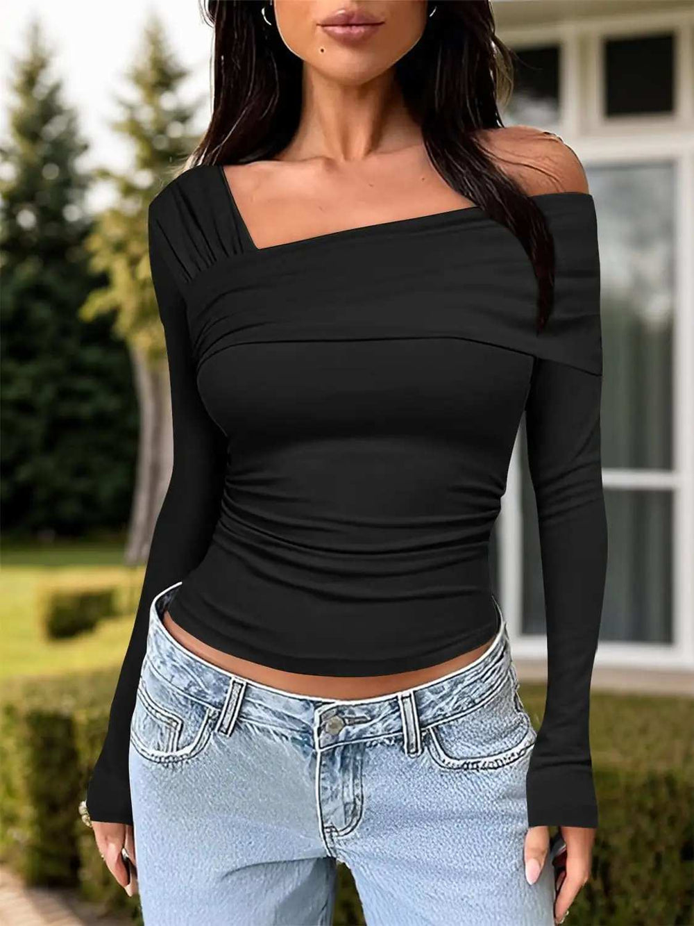 Ruched One Shoulder Long Sleeve T-Shirt - Trendsi - Flyclothing LLC