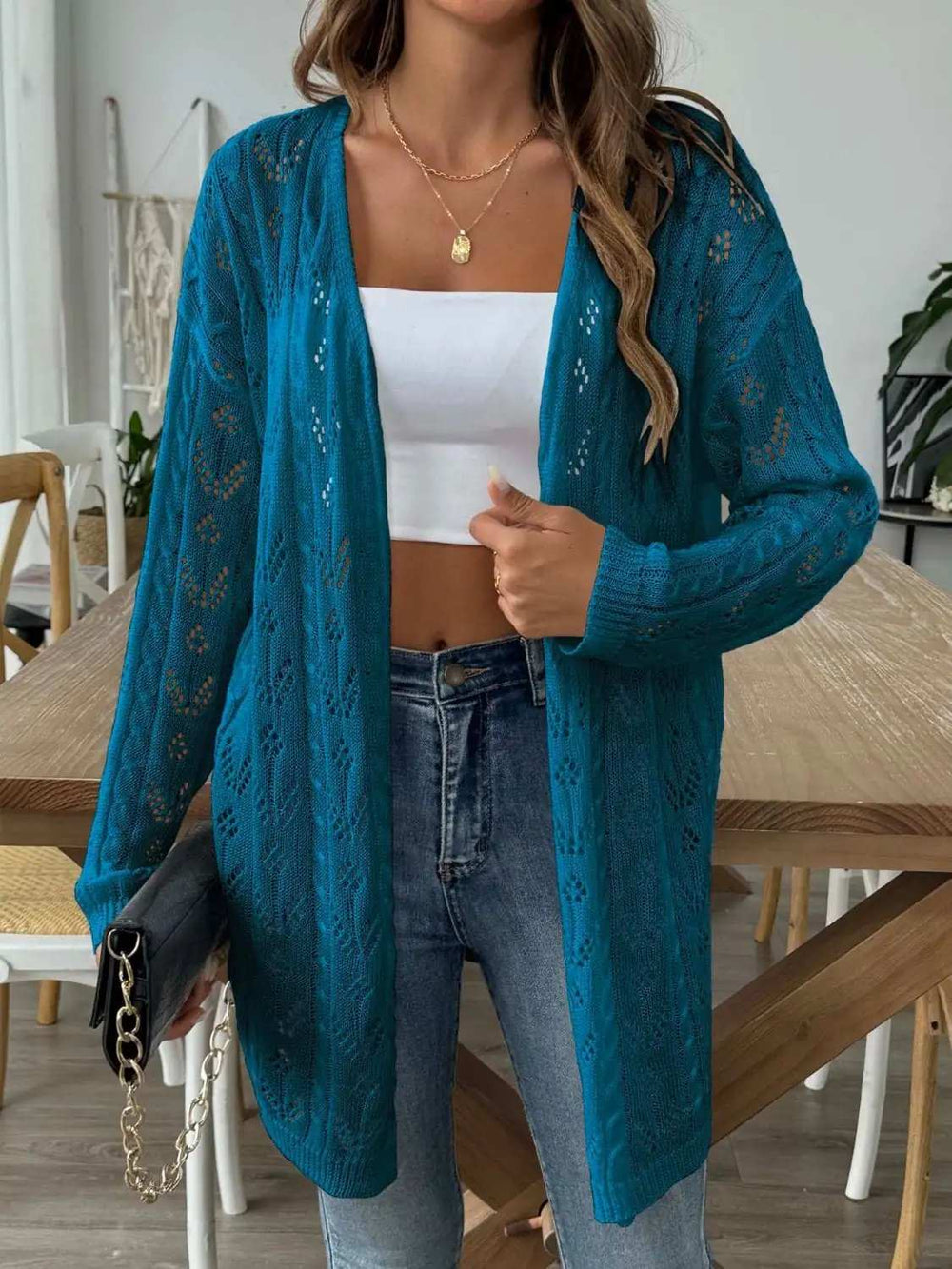 Openwork Open Front Long Sleeve Cardigan - Trendsi - Flyclothing LLC