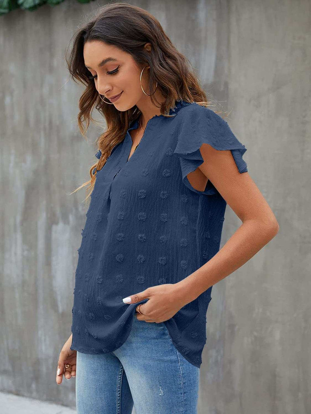 Swiss Dot Notched Flutter Sleeve Blouse - Trendsi - Flyclothing LLC