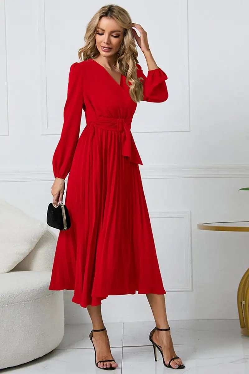 V-Neck Long Sleeve Tie Waist Midi Dress - Trendsi - Flyclothing LLC