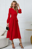 V-Neck Long Sleeve Tie Waist Midi Dress - Trendsi - Flyclothing LLC