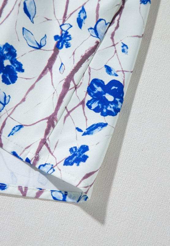 Waffle-Knit Printed Round Neck Flounce Sleeve Blouse - Trendsi - Flyclothing LLC