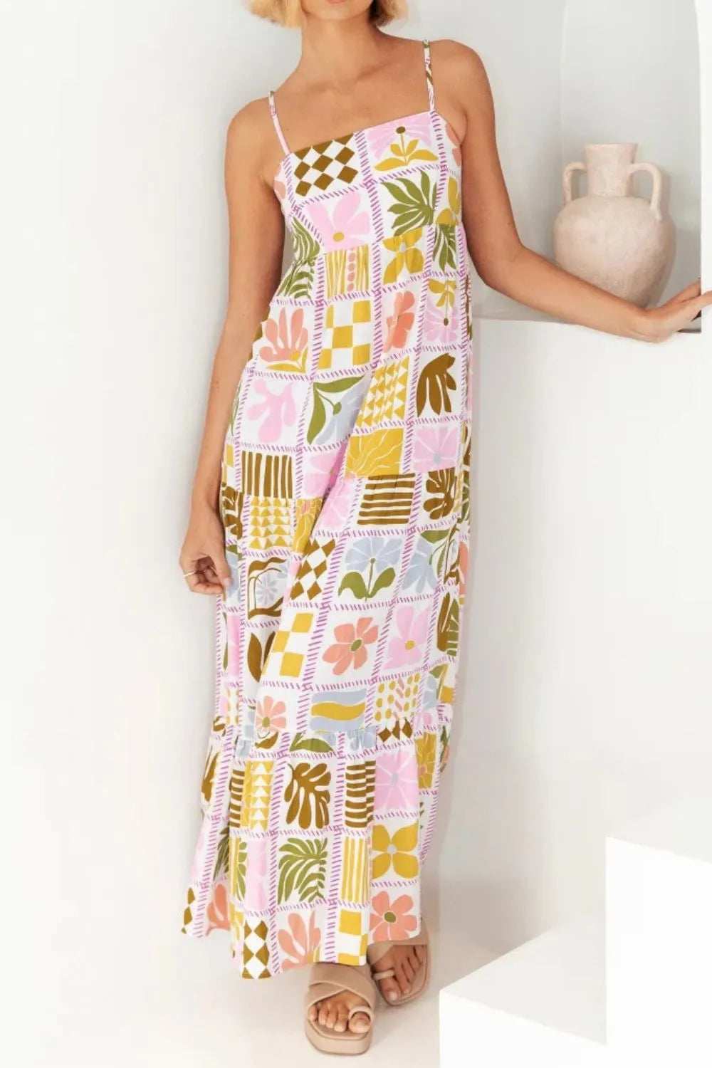 Cutout Back Printed Square Neck Maxi Cami Dress - Trendsi - Flyclothing LLC