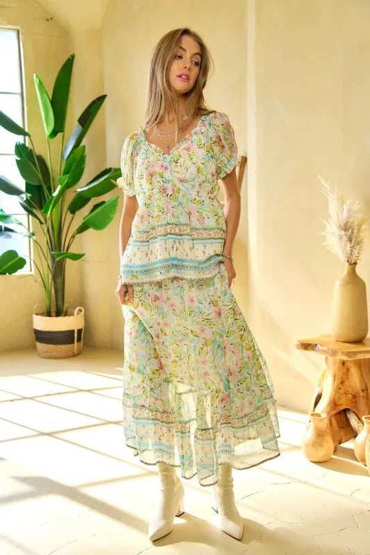 Davi & Dani Spring Floral Border Print Ruffled Textured Top - Trendsi - Flyclothing LLC