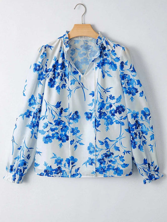 Floral Long Sleeve Tie Neck Blouse - Trendsi - Flyclothing LLC