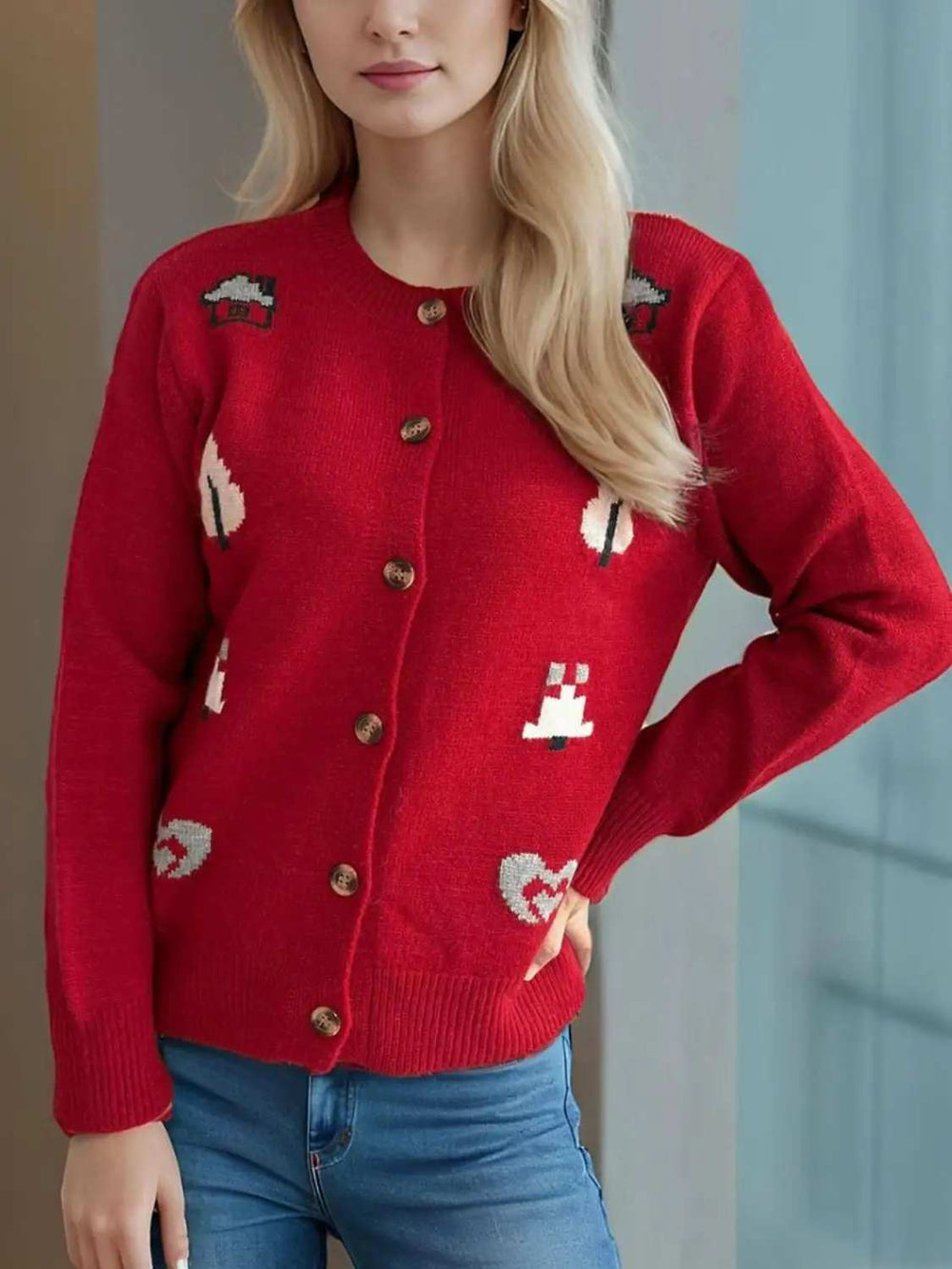 Button Up Round Neck Long Sleeve Cardigan - Trendsi - Flyclothing LLC