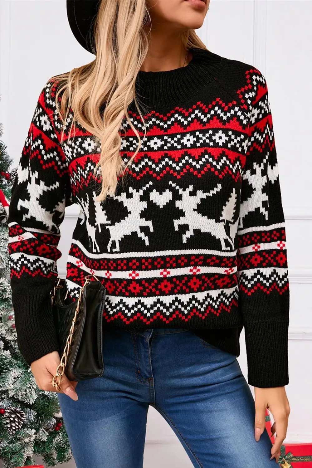 Angel Wings Reindeer Round Neck Long Sleeve Sweater - Trendsi - Flyclothing LLC