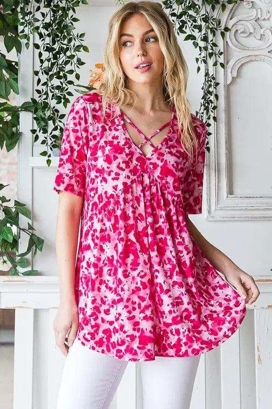 Heimish Full Size Short Sleeve Crisscross Animal Babydoll Top Plus Size - Trendsi - Flyclothing LLC