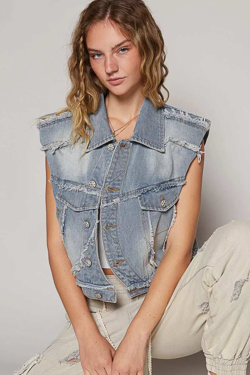 POL Assymetrical Front Closure Raw Hem Denim Vest - Trendsi - Flyclothing LLC