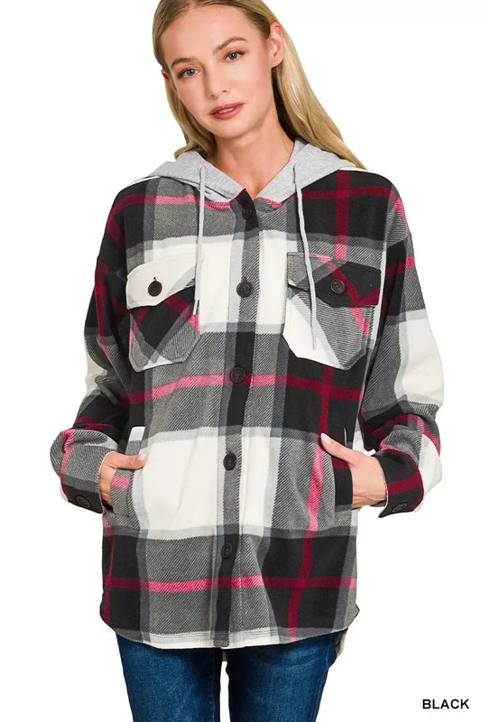 Zenana Plaid Drawstring Hooded Fleece Shacket - Trendsi - Flyclothing LLC